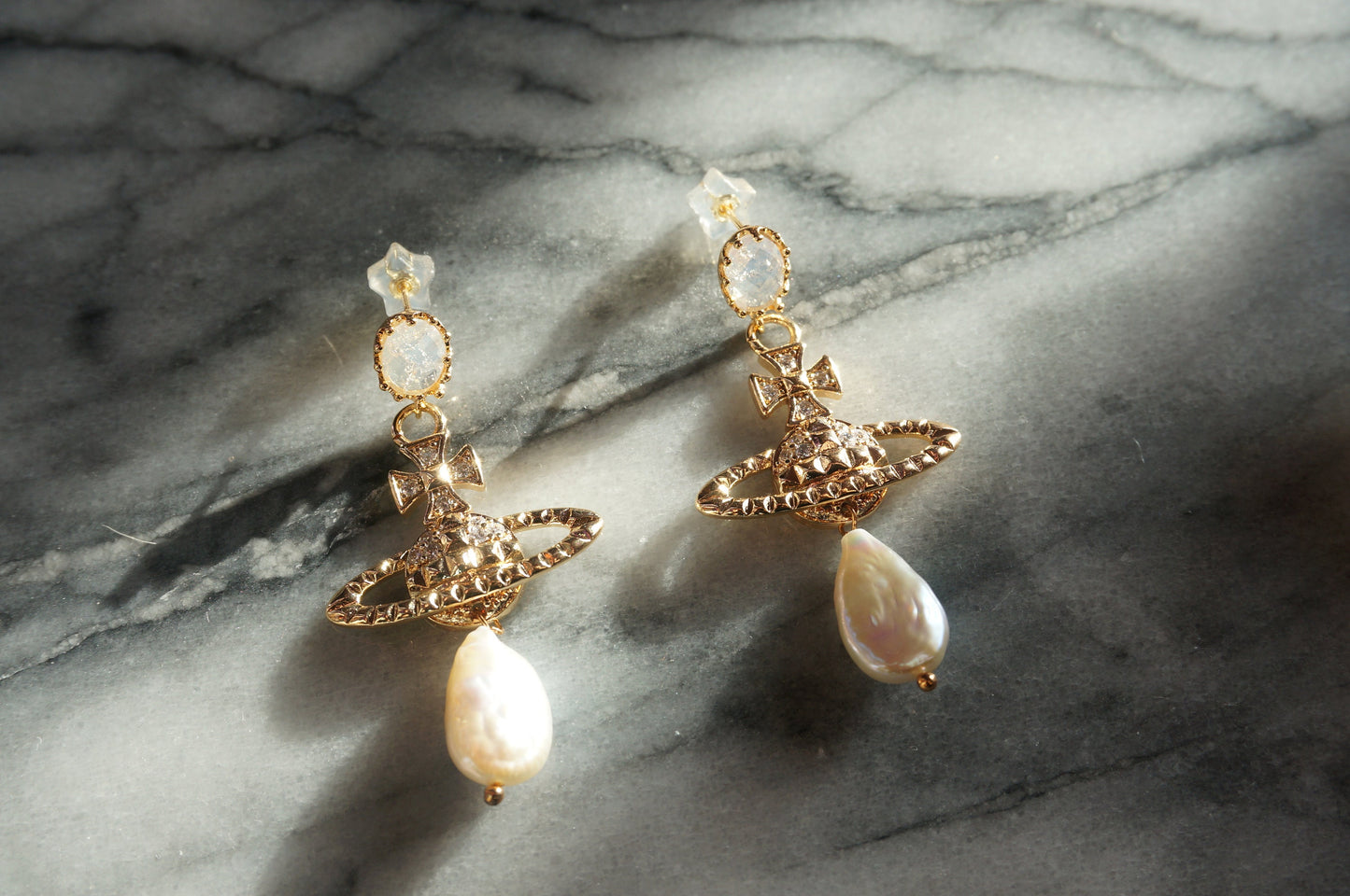 VICTORIA Gold/Silver Orb and Teardrop Pearl / Black Pearl Earrings