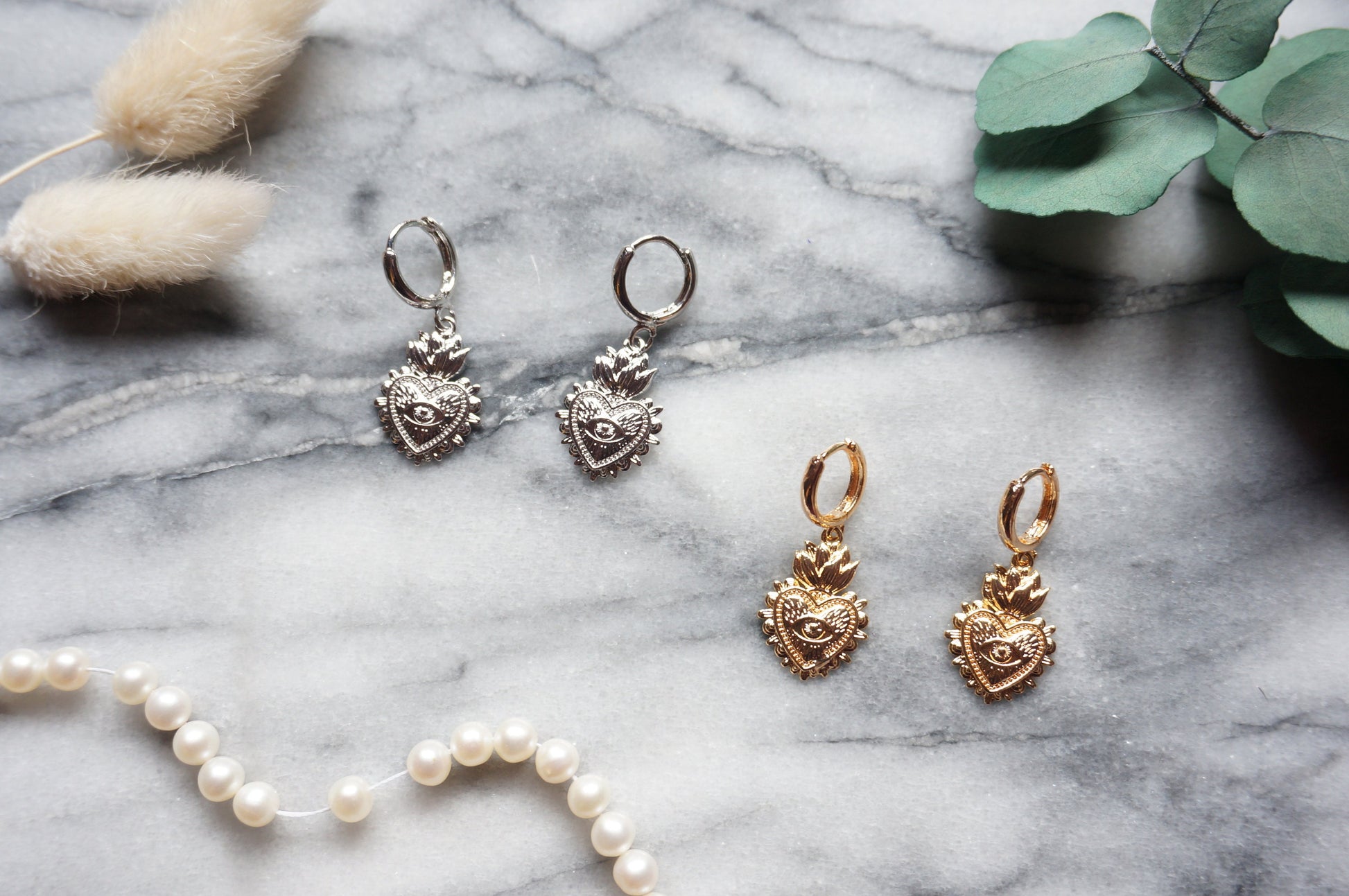 Simple Sacred Heart with Evil Eye Gold / Silver / Black Huggie Earrings