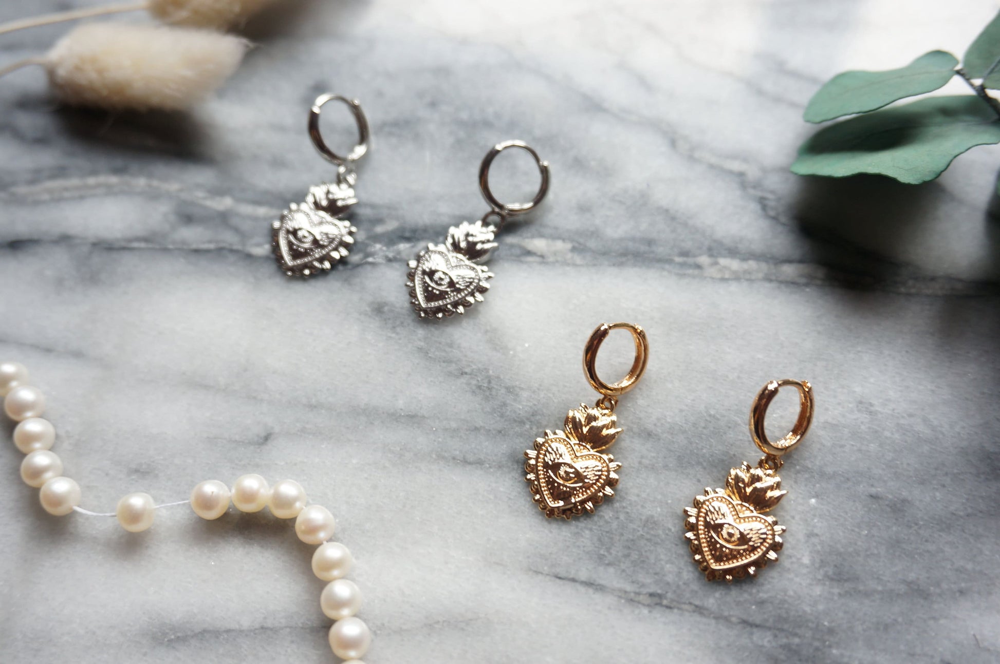 Simple Sacred Heart with Evil Eye Gold / Silver / Black Huggie Earrings