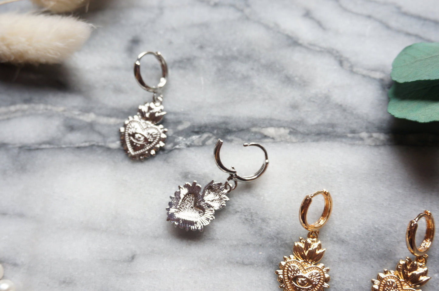 Simple Sacred Heart with Evil Eye Gold / Silver / Black Huggie Earrings