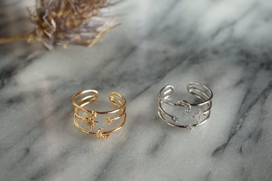 AQUARIUS Gold/Silver Moon and Stars Adjustable Stacked Ring