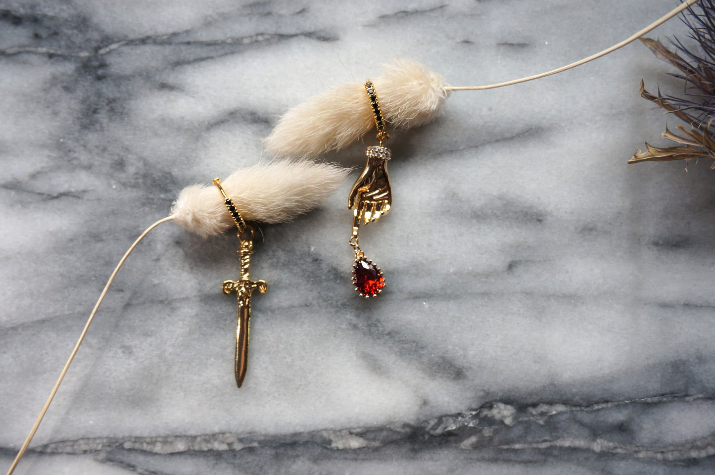 LADY MACBETH Gold / Silver / Black Sword, Hand and Blooddrop Earrings / Hoops