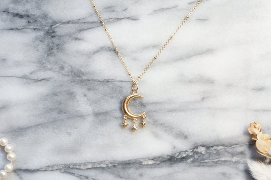 Moon and 3 Star Gold Necklace / Celestial Necklace