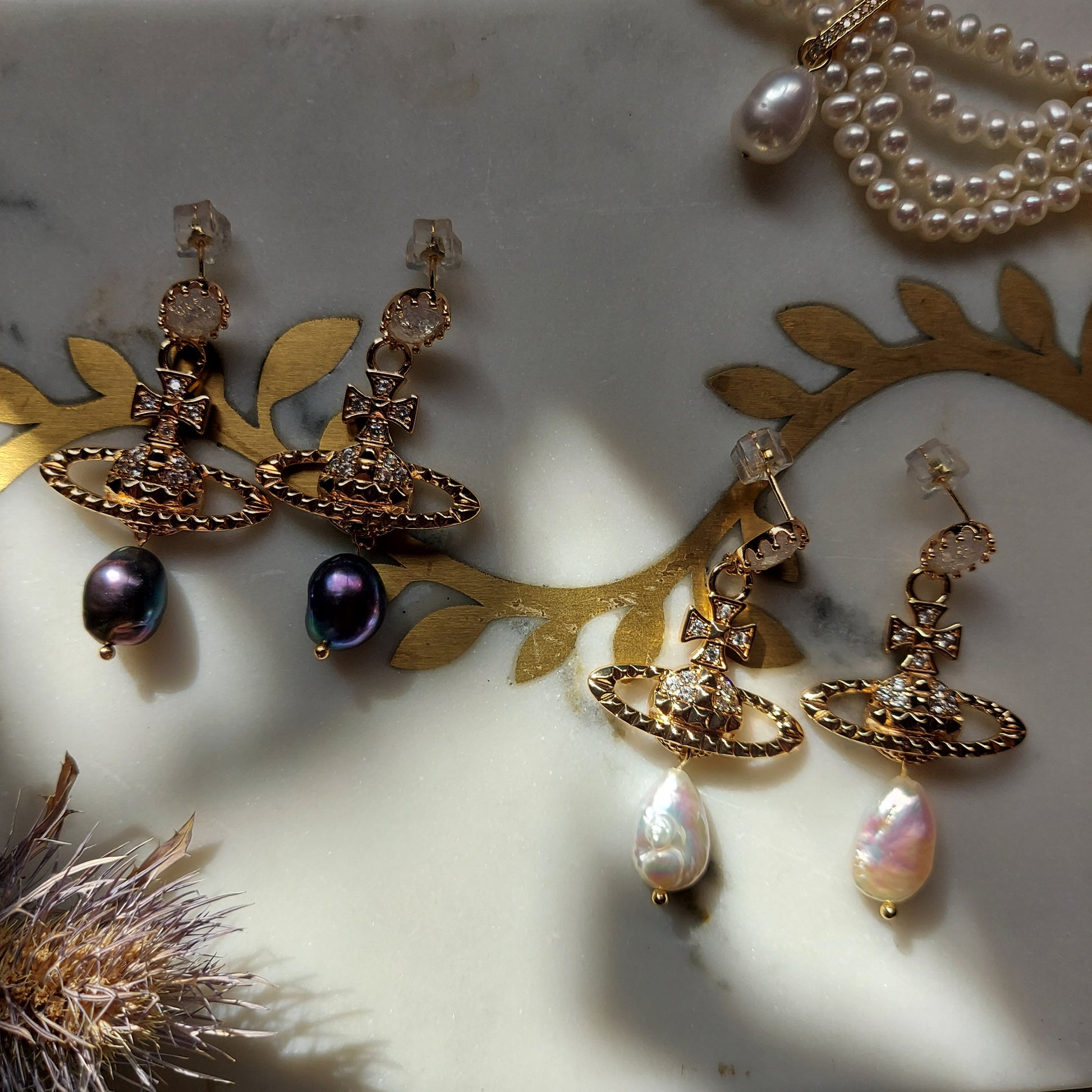 VICTORIA Gold/Silver Orb and Teardrop Pearl / Black Pearl Earrings