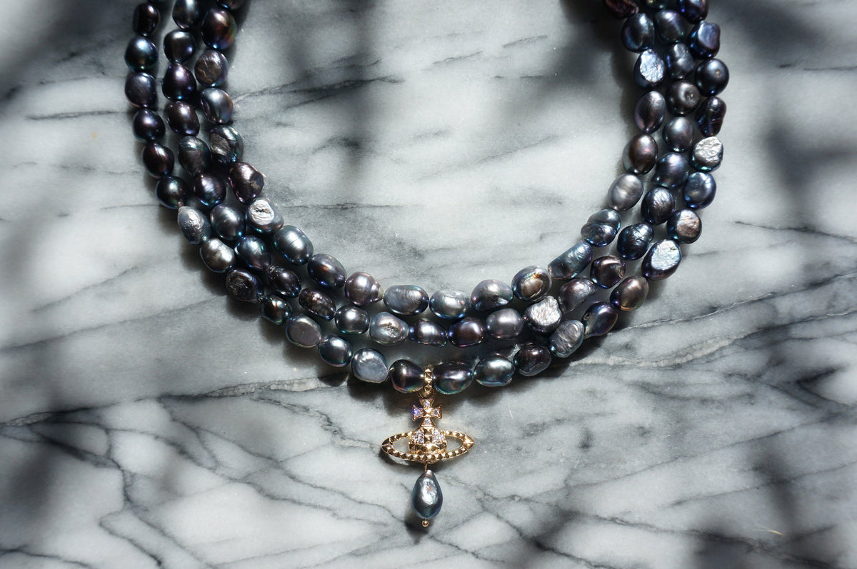 Victoria Three Layer Baroque Pearl Necklace with Orb Pendant – Gold/Silver Plated Choker