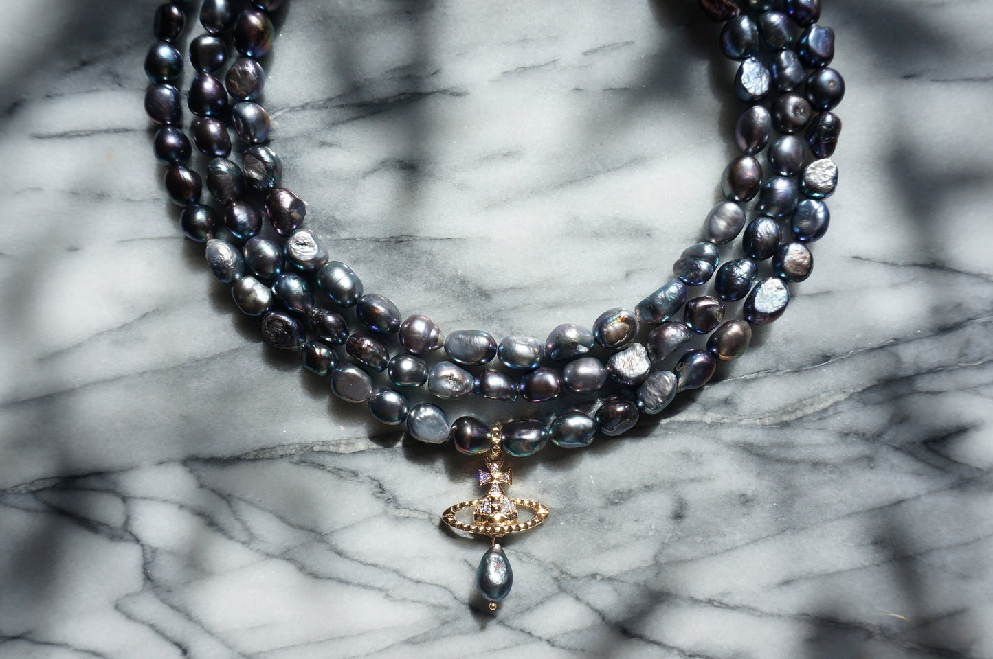 VICTORIA Three Layer Pearl / Black Pearl Necklace / Three Row Pearl Drop Choker