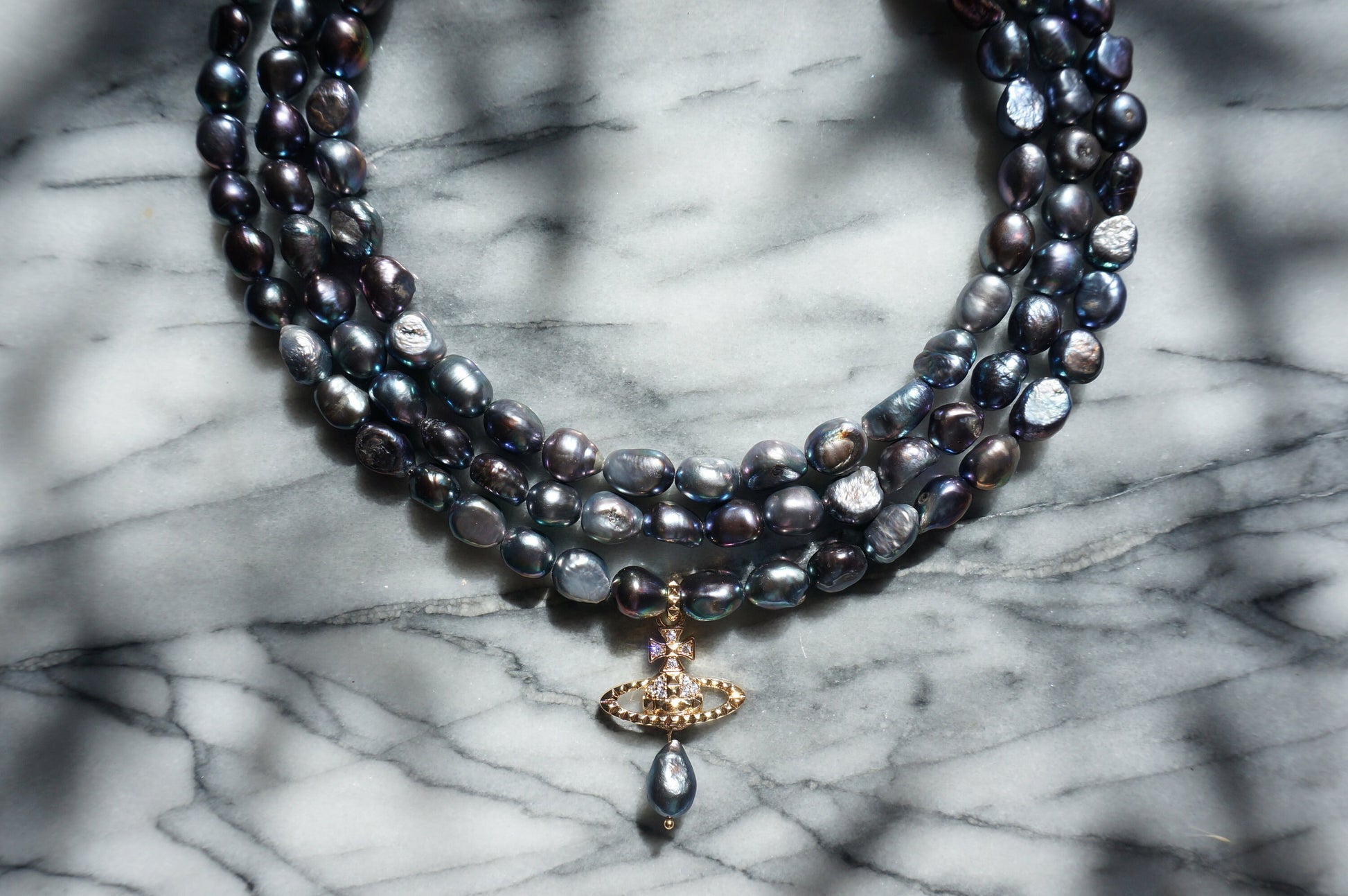 VICTORIA Three Layer Pearl / Black Pearl Necklace / Three Row Pearl Drop Choker