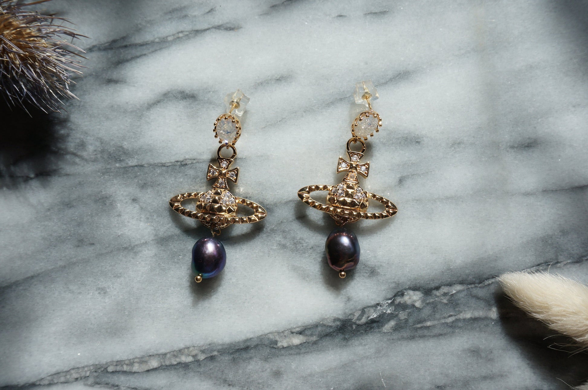 VICTORIA Gold/Silver Orb and Teardrop Pearl / Black Pearl Earrings