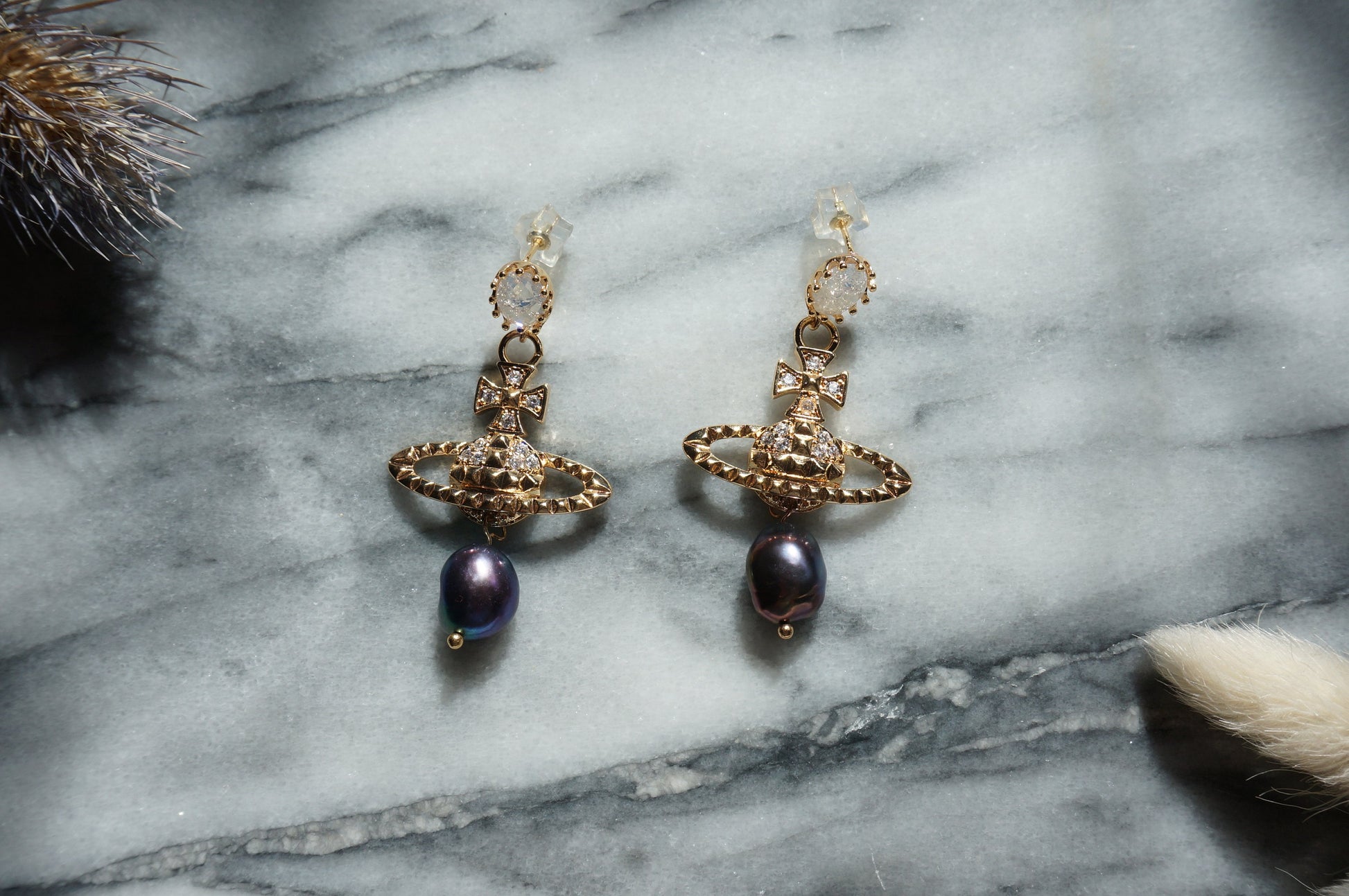VICTORIA Gold/Silver Orb and Teardrop Pearl / Black Pearl Earrings