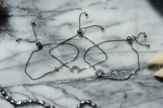 Silver Solstice Celestial bracelet set/ Moon/Sun/Star Adjustable Bracelet