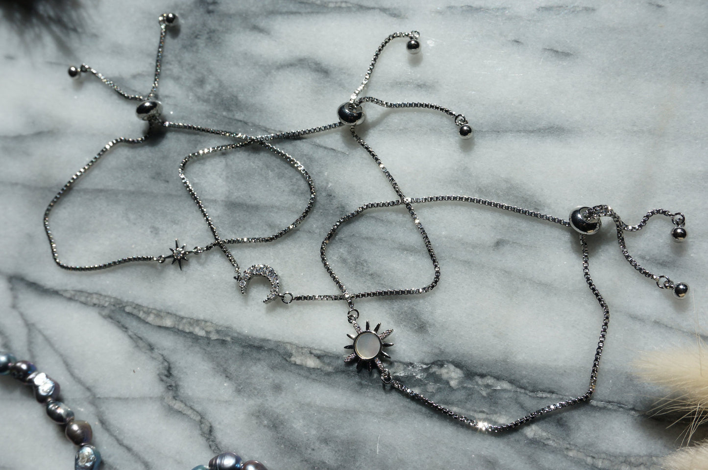 Silver Solstice Celestial bracelet set/ Moon/Sun/Star Adjustable Bracelet