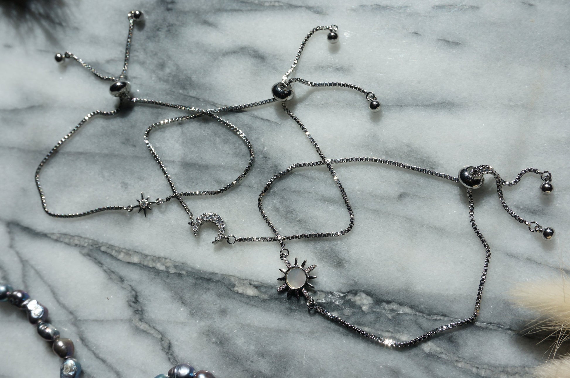 Silver Solstice Celestial bracelet set/ Moon/Sun/Star Adjustable Bracelet