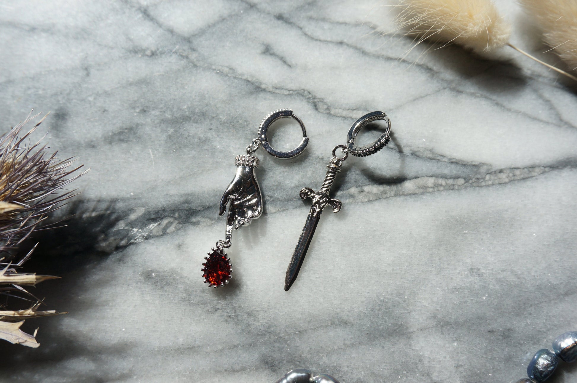 LADY MACBETH Gold / Silver / Black Sword, Hand and Blooddrop Earrings / Hoops