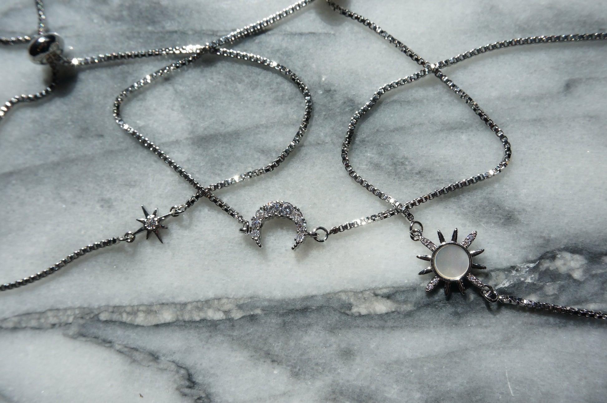 Silver Solstice Celestial bracelet set/ Moon/Sun/Star Adjustable Bracelet