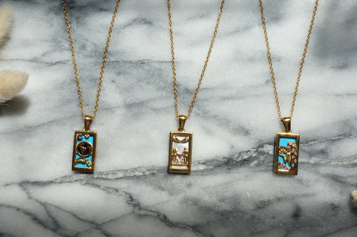 Gold Plated Tarot Card Necklaces: The Empress, The Lovers, The World
