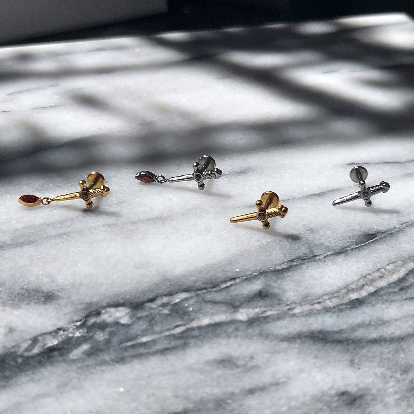 Tiny Sword Flat Back Piercing / Screw on Stud / Blood Drop / Tragus/ Conch/ Helix Piercing in Gold/ Silver