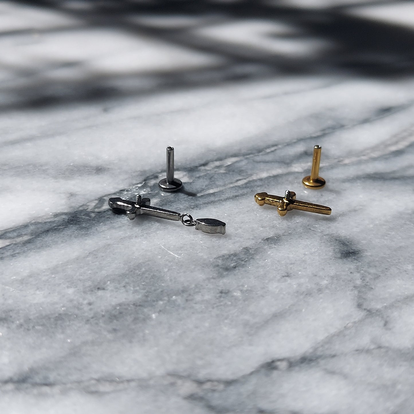 Tiny Sword Flat Back Piercing / Screw on Stud / Blood Drop / Tragus/ Conch/ Helix Piercing in Gold/ Silver