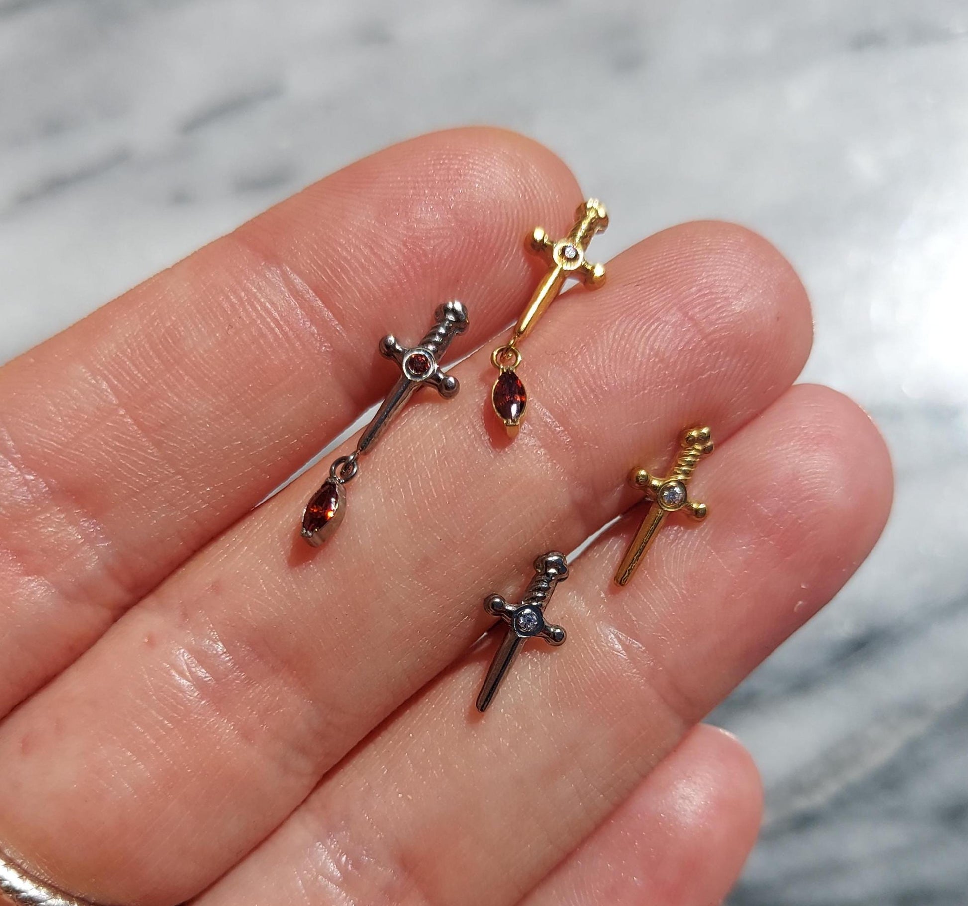Tiny Sword Flat Back Piercing / Screw on Stud / Blood Drop / Tragus/ Conch/ Helix Piercing in Gold/ Silver