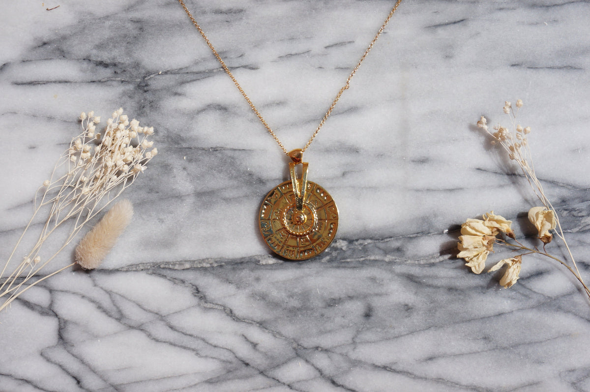 ZODIAC Astrology Wheel Star Sign Moving Pendant Necklace in Gold Plating