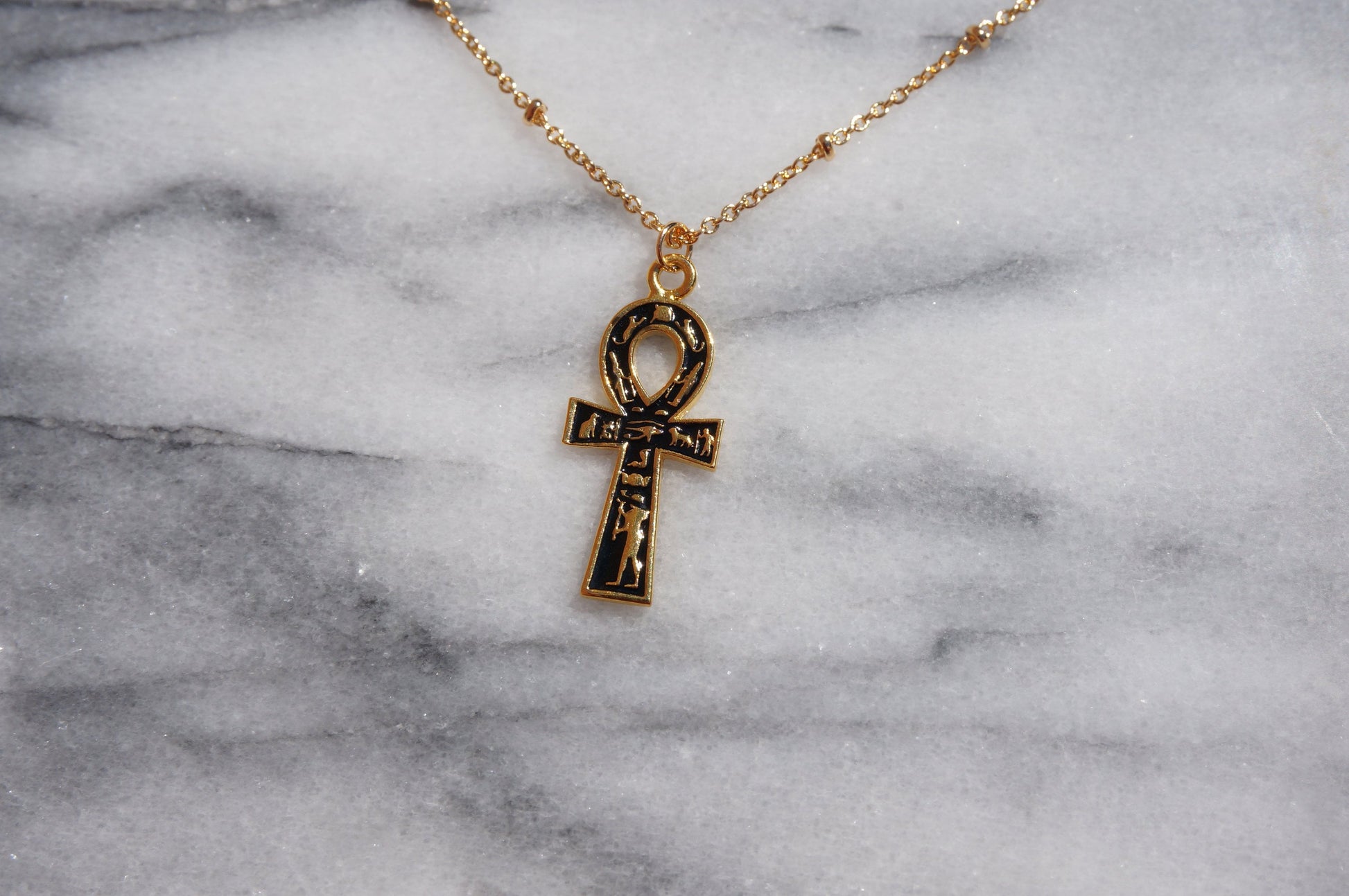 Gold and Black Ankh Pendant Egyptian Hieroglyphics Necklace