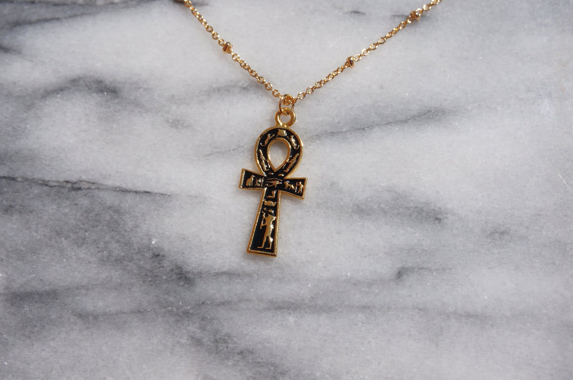 Gold and Black Ankh Pendant Egyptian Hieroglyphics Necklace