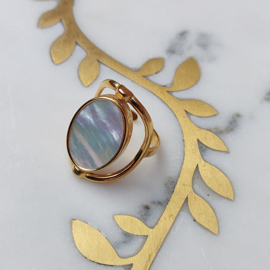 Mother of Pearl and Pink Stone 2-Way Spinning Adjustable Gold Ring