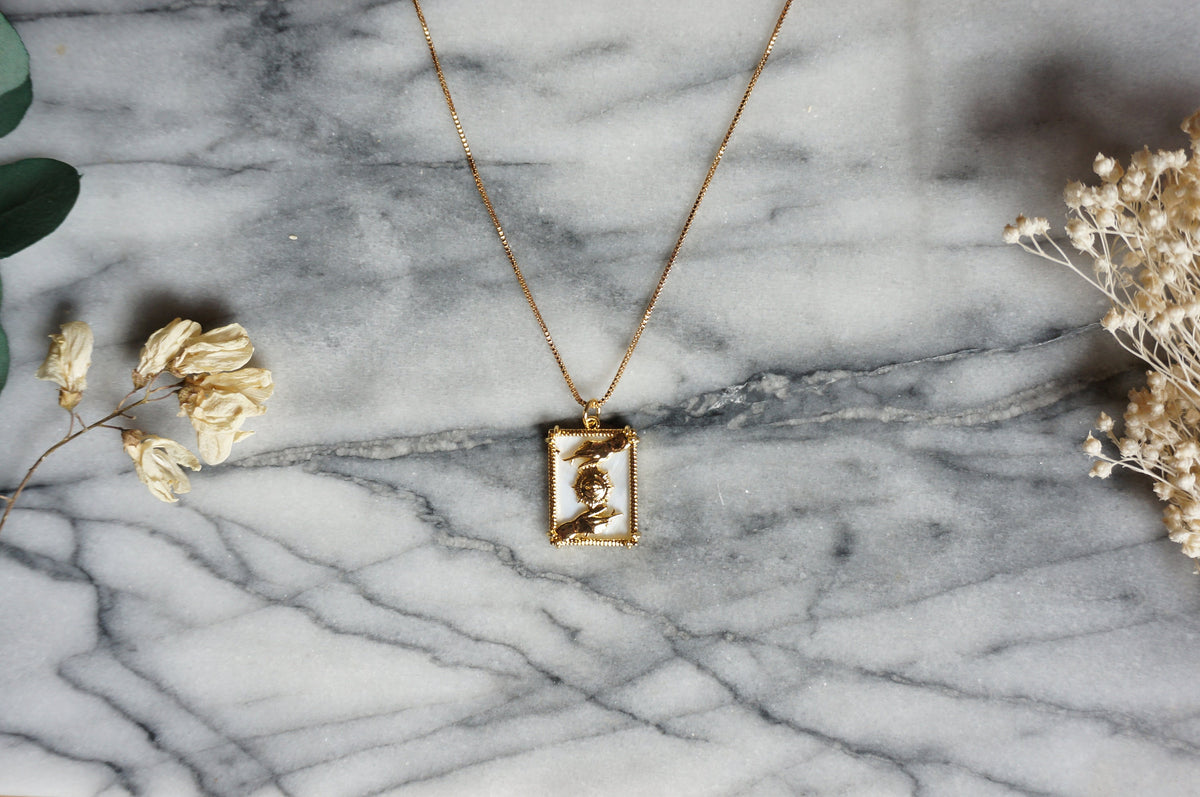 All seeing eye and Hands Frame necklace / Mother of Pearl Necklace