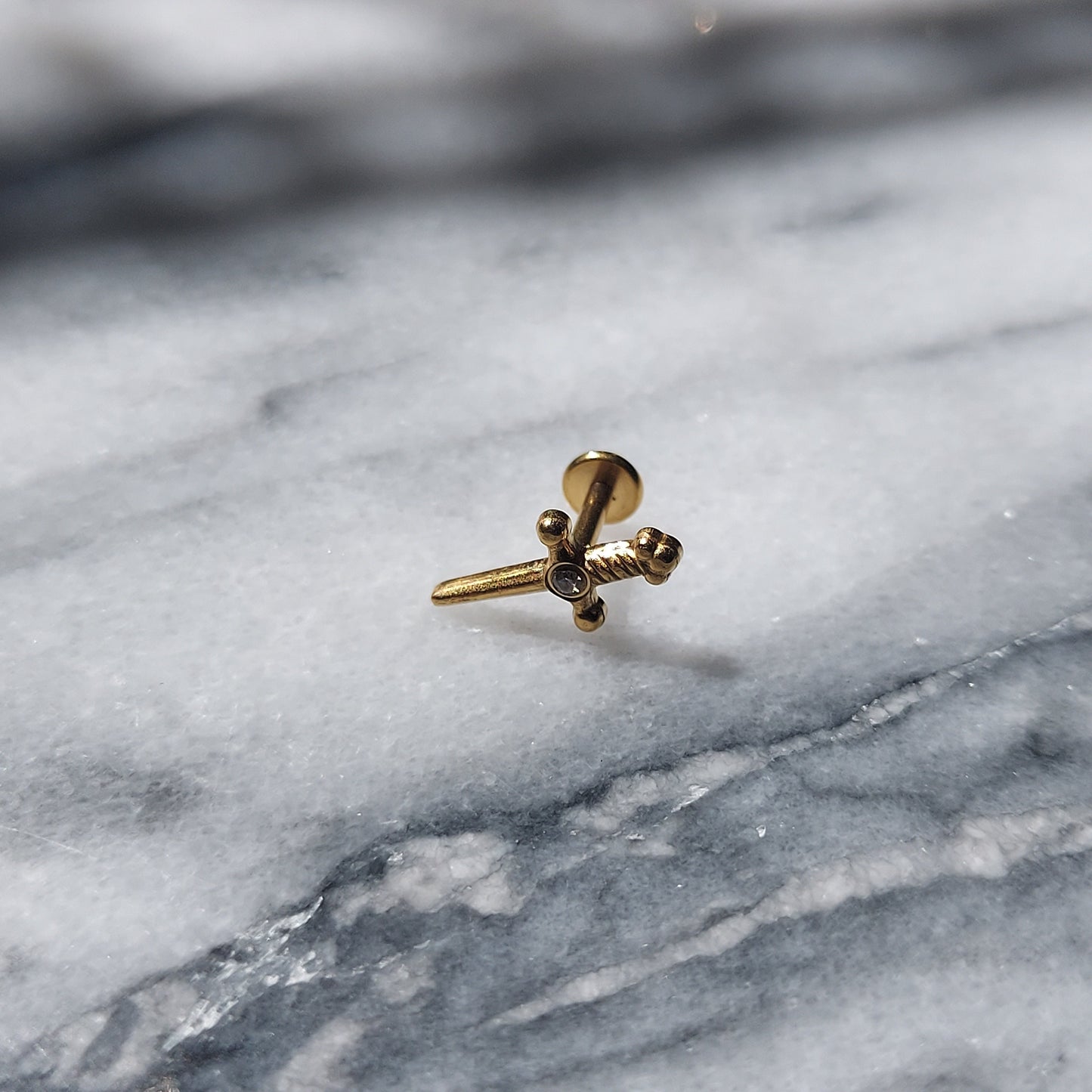 Tiny Sword Flat Back Piercing / Screw on Stud / Blood Drop / Tragus/ Conch/ Helix Piercing in Gold/ Silver