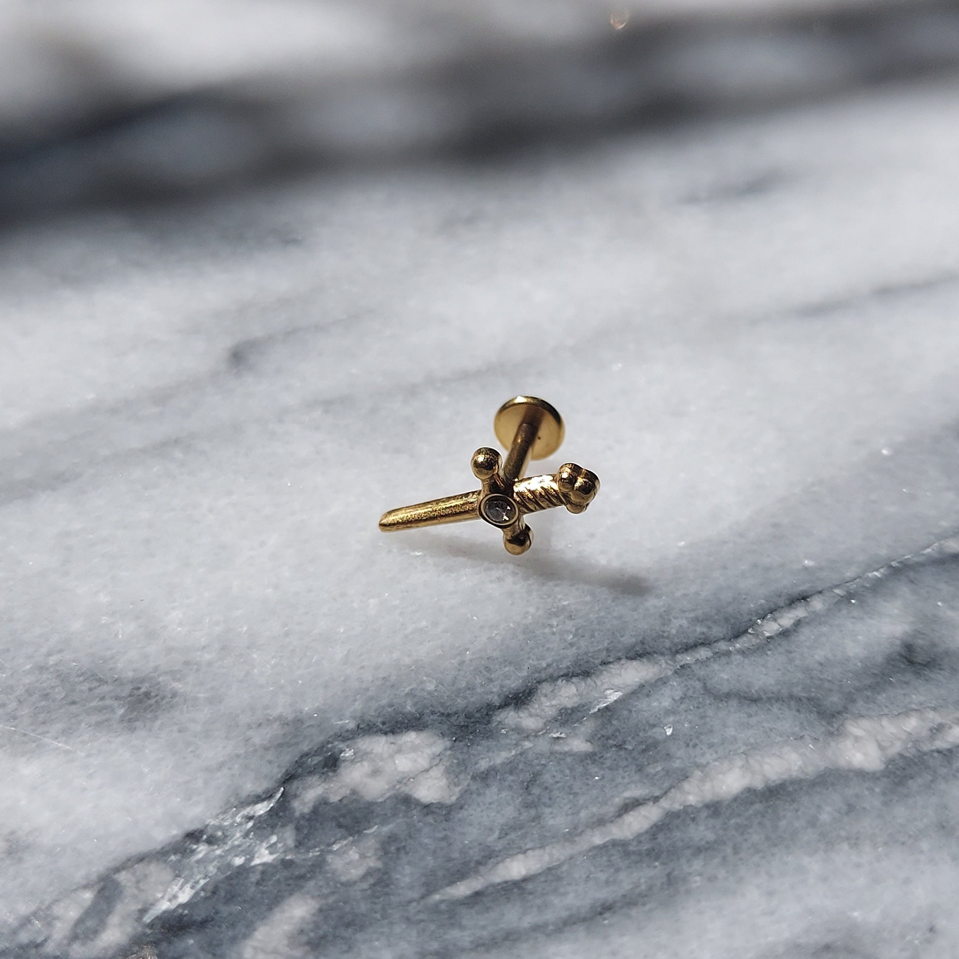 Tiny Sword Flat Back Piercing / Screw on Stud / Blood Drop / Tragus/ Conch/ Helix Piercing in Gold/ Silver