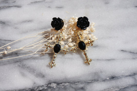 EVELYN Black Rose and Cross Earrings