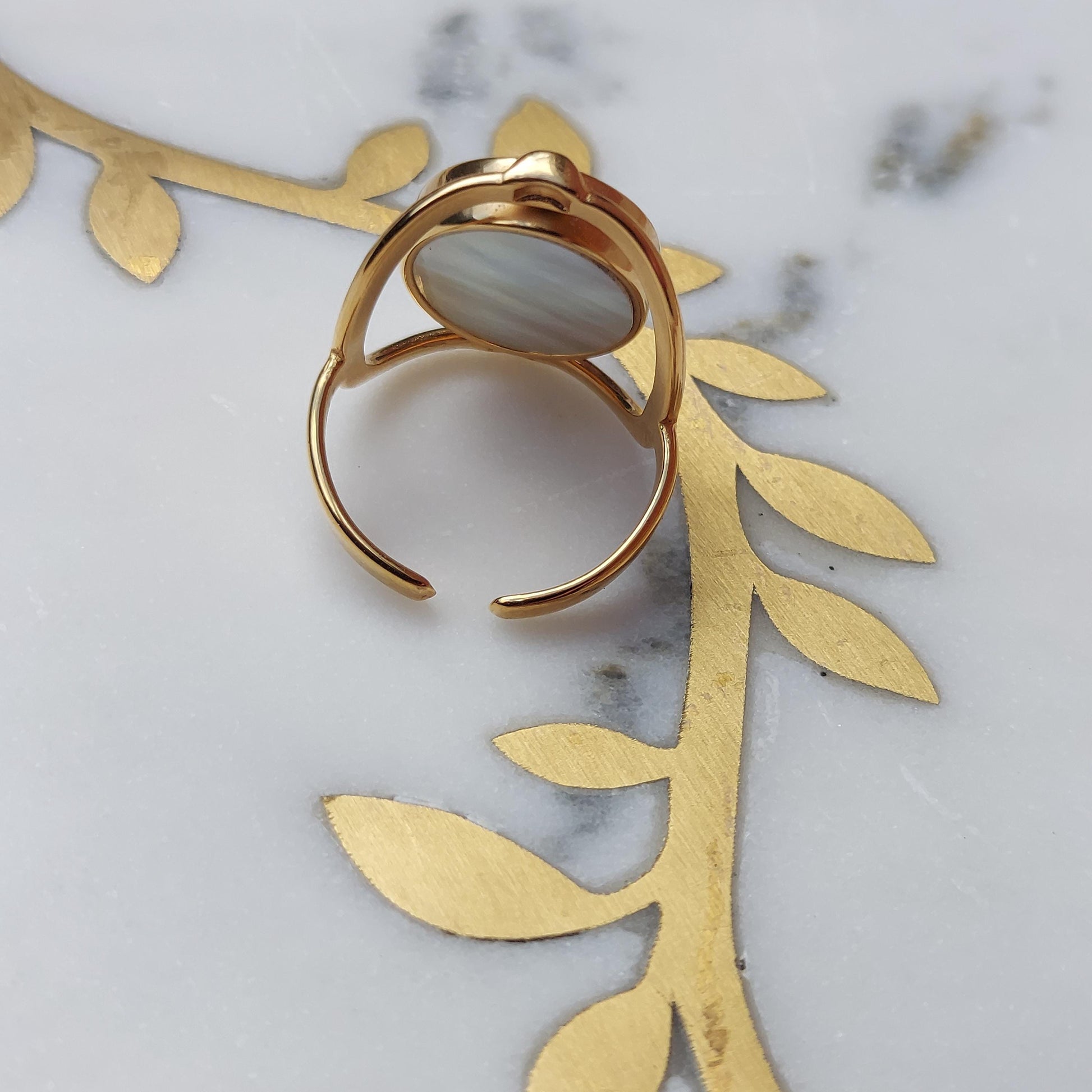 Mother of Pearl and Pink Stone 2-Way Spinning Adjustable Gold Ring