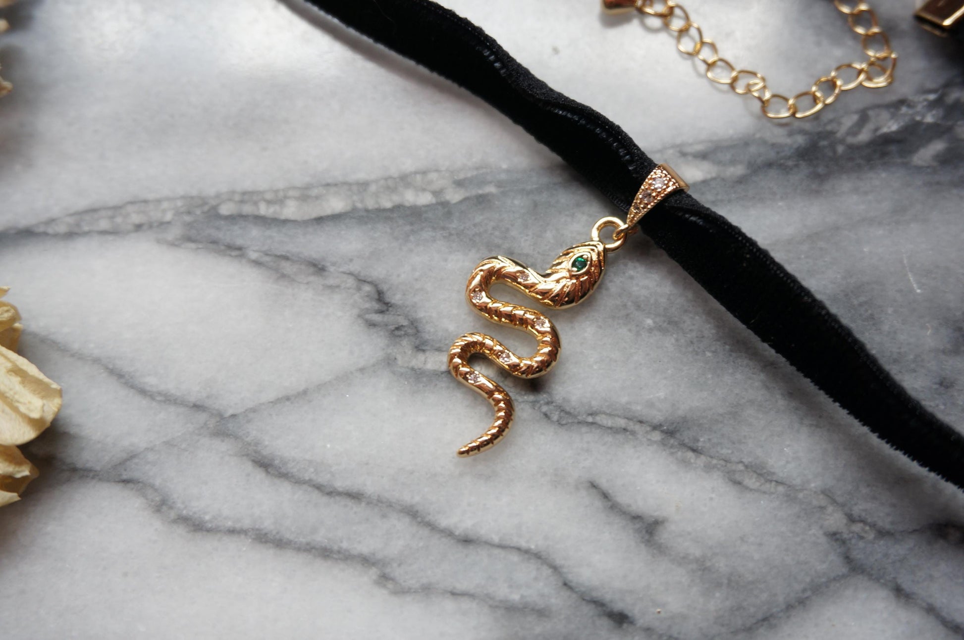 Gold Snake and Gem Black Stretch Velvet Choker