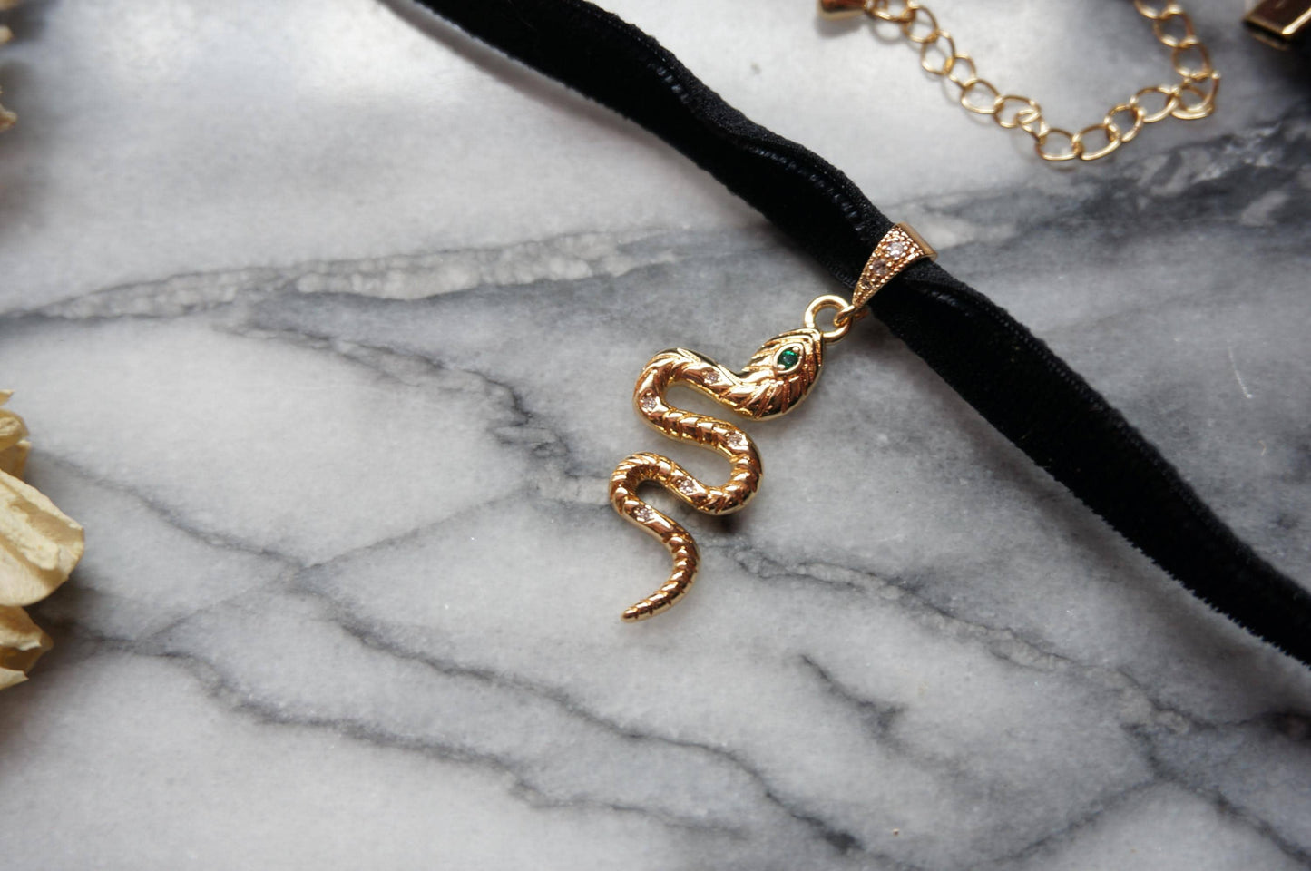 Gold Snake and Gem Black Stretch Velvet Choker