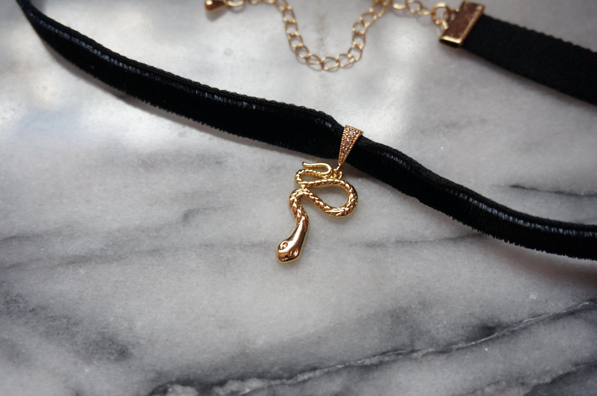 Gold Snake and Gem Black Stretch Velvet Choker