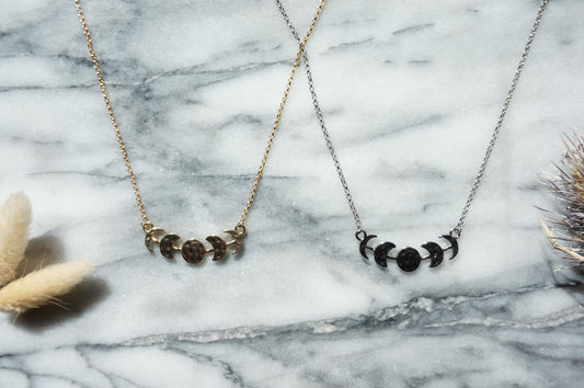 Gold Plated Moon Phase Necklace, Hammered Celestial Pendant