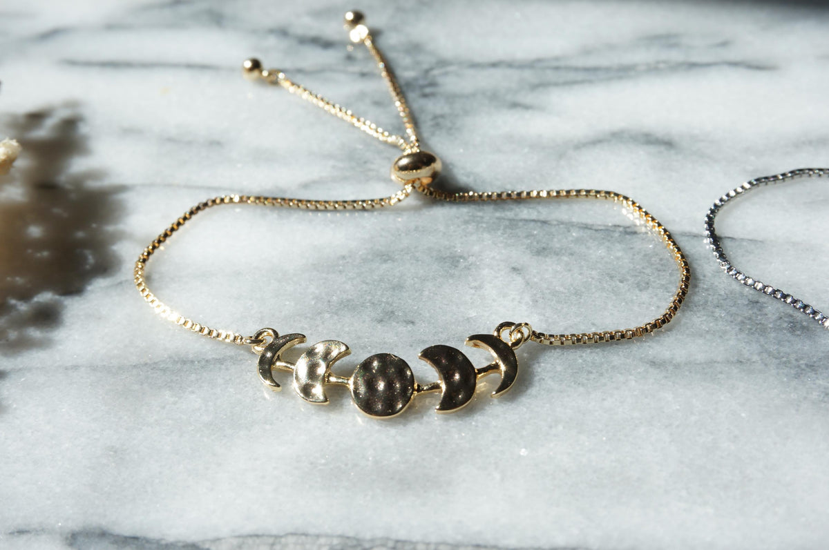 Hammered Moon Phase bracelet in Gold / Silver / Adjustable Bracelet
