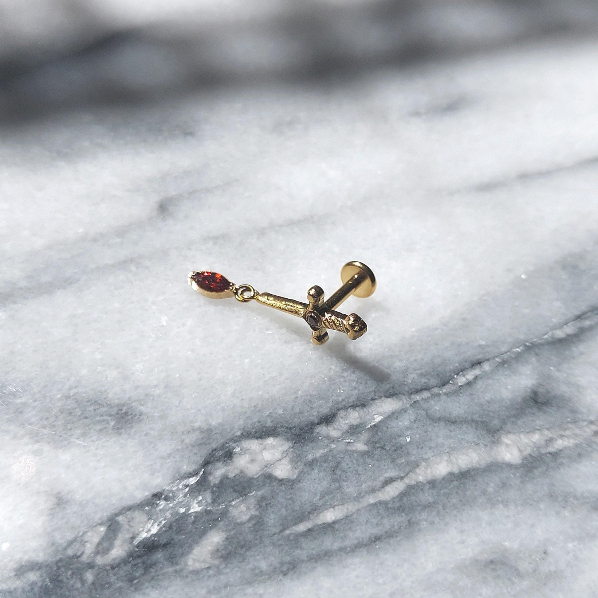 Tiny Sword Flat Back Piercing / Screw on Stud / Blood Drop / Tragus/ Conch/ Helix Piercing in Gold/ Silver