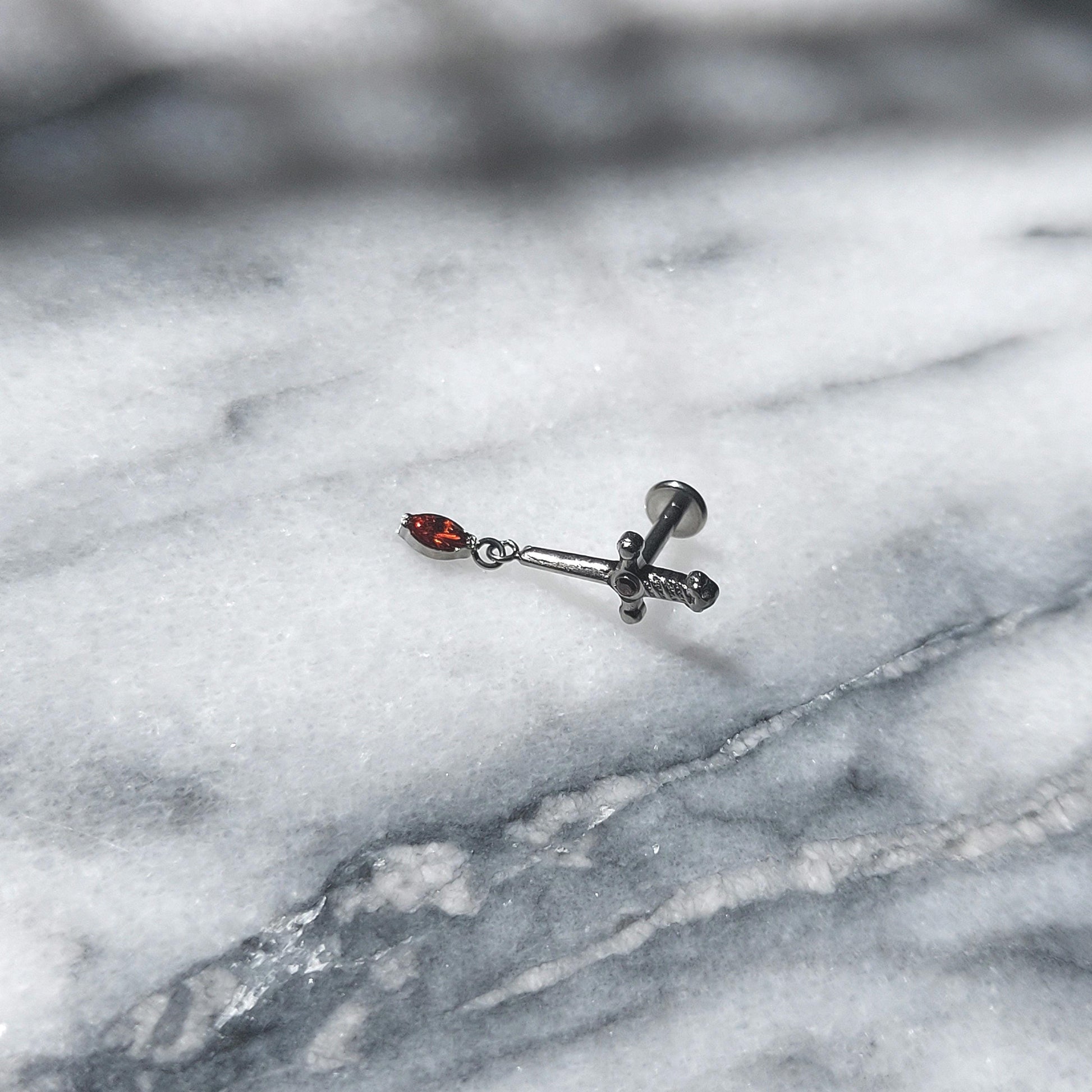 Tiny Sword Flat Back Piercing / Screw on Stud / Blood Drop / Tragus/ Conch/ Helix Piercing in Gold/ Silver
