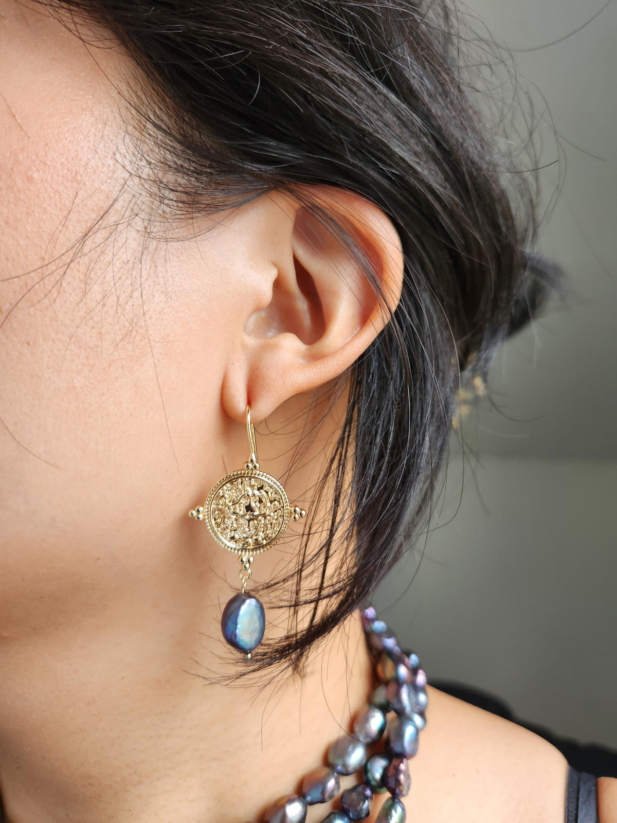 El Dorado Antique Gold Coin and Baroque White / Black Pearl Earrings / Boho Pearl Earrings