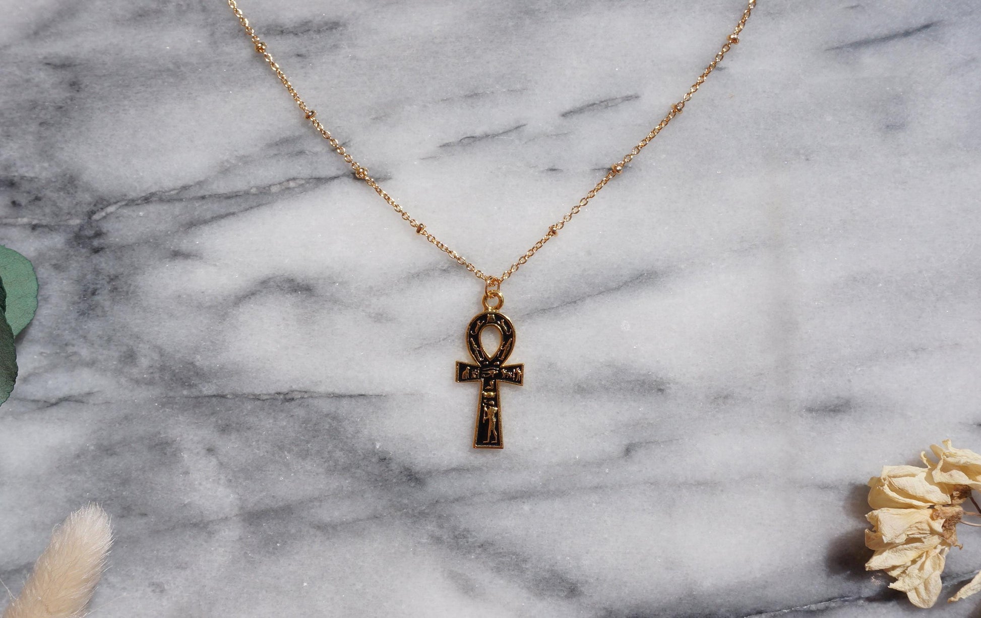 Gold and Black Ankh Pendant Egyptian Hieroglyphics Necklace