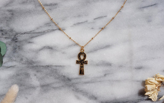 Gold and Black Ankh Pendant Egyptian Hieroglyphics Necklace