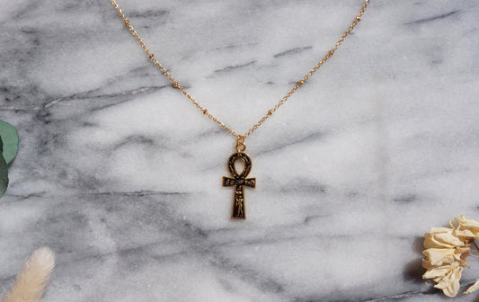 Gold and Black Ankh Pendant Egyptian Hieroglyphics Necklace