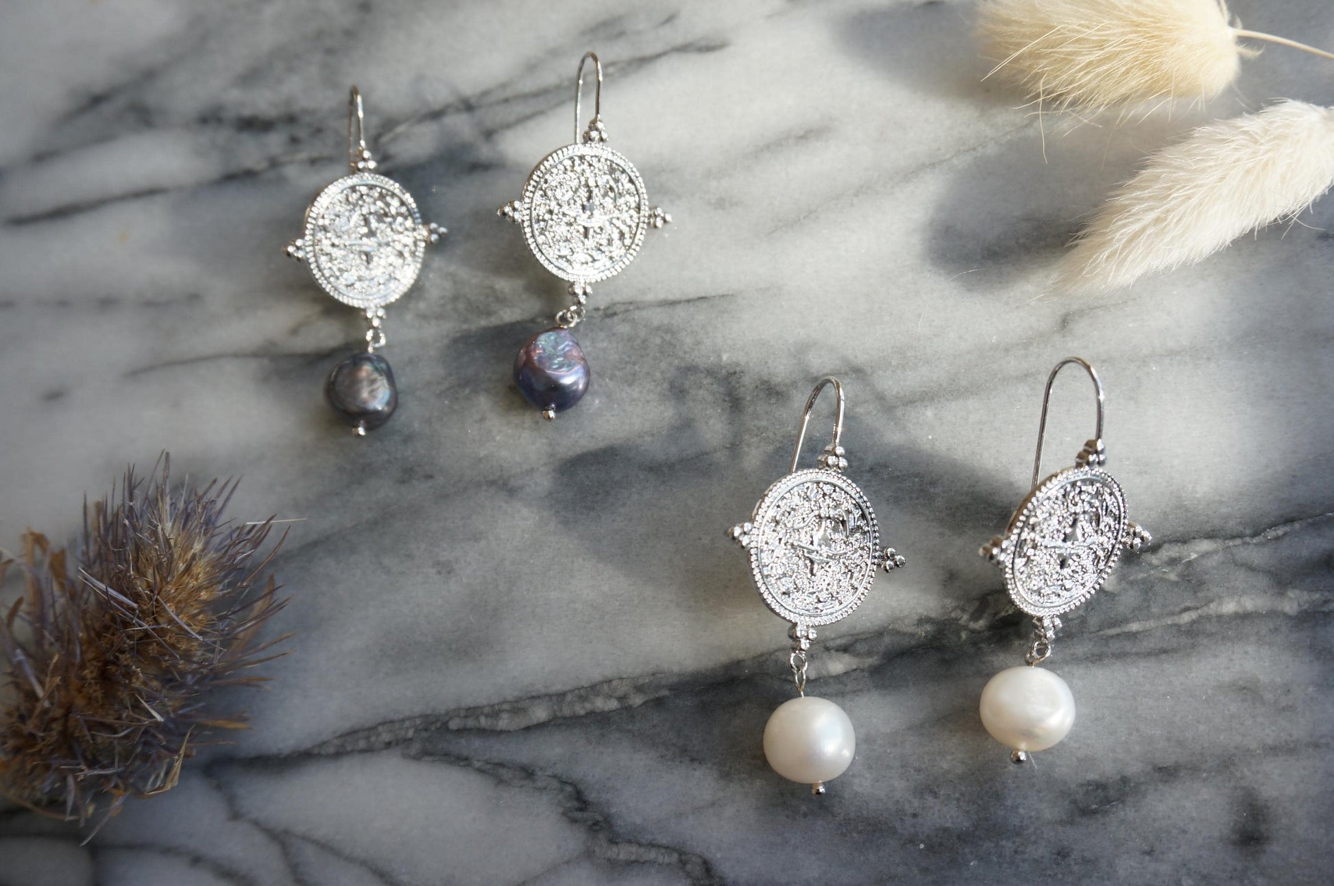 El Dorado Antique Silver Coin and Baroque White / Black Pearl Earrings / Boho Pearl Earrings