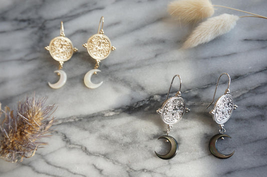 LA LUNA Magic Circle and Mother of Pearl Crescent Moon Earrings / Gold and Silver Earrings