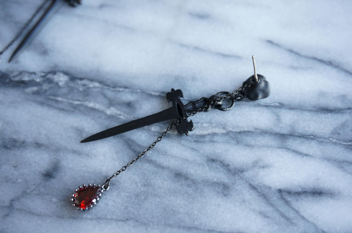 ROMEO Black Rose, Dagger and Blood Drop Earrings