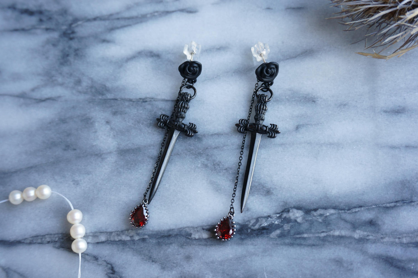 ROMEO Black Rose, Dagger and Blood Drop Earrings