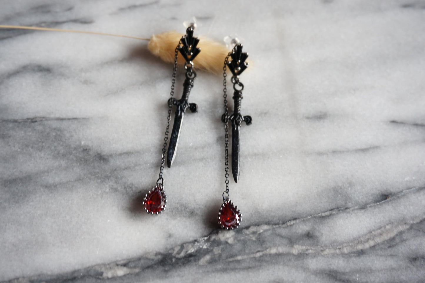 Sword and Blood Drop Dangle 2 Way Earrings / Gold,Silver, Black Deep Red Teardrop Earrings