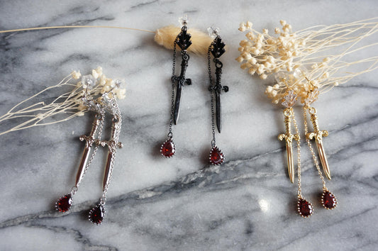 Sword and Blood Drop Dangle 2 Way Earrings / Gold,Silver, Black Deep Red Teardrop Earrings