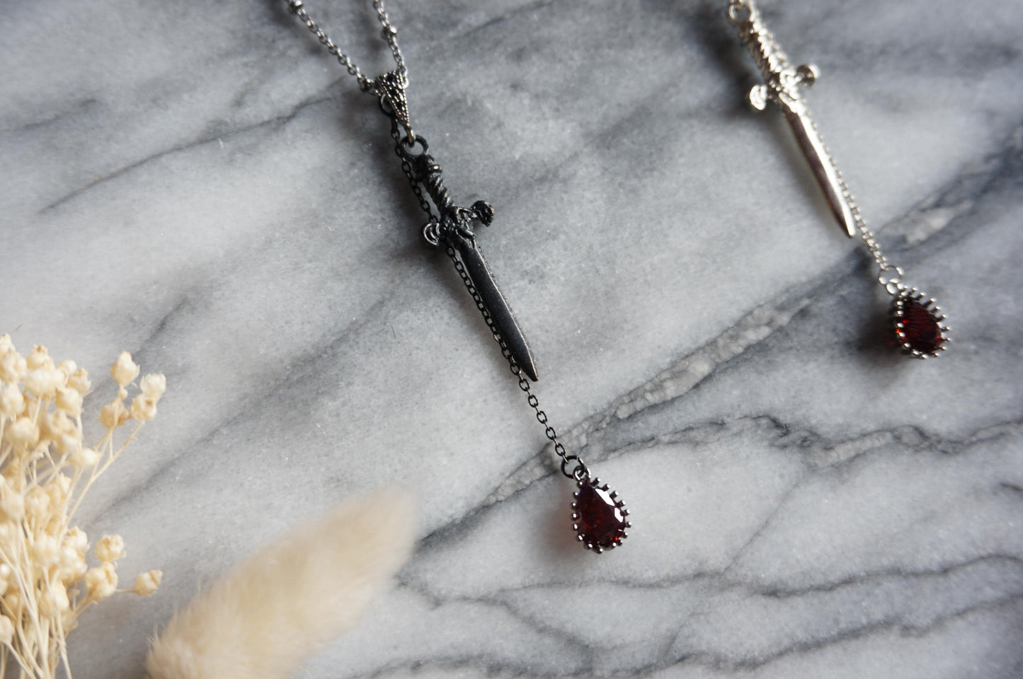 Sword and Blood Drop Necklace / Gold or Silver, Black Deep Red Teardrop Necklace