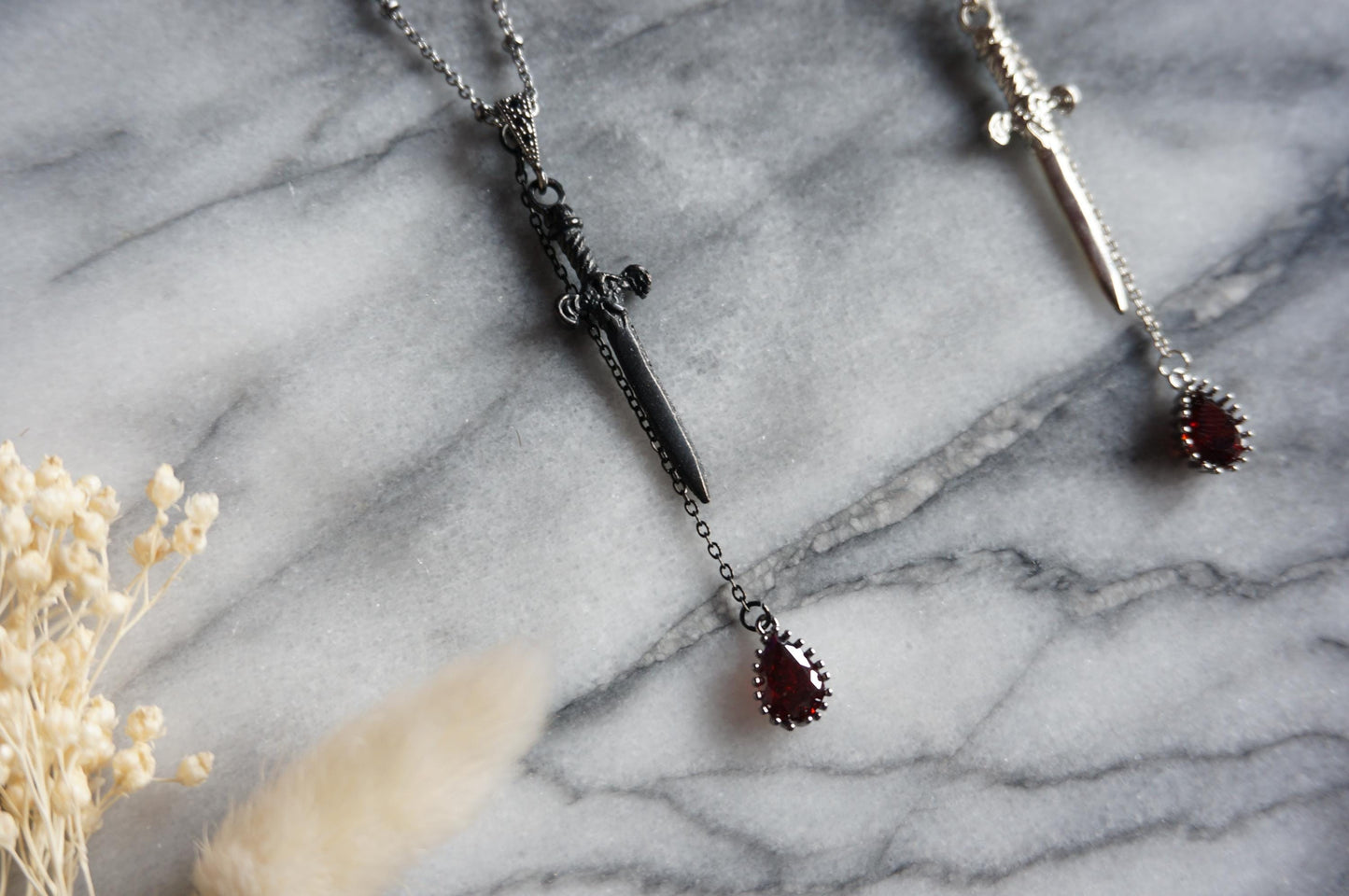 Sword and Blood Drop Necklace / Gold or Silver, Black Deep Red Teardrop Necklace